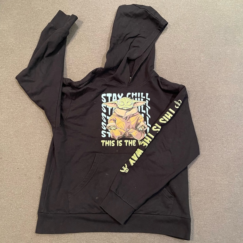 EUC Kids Disney “The Child” hooded sweatshirt Solid Black with decals sz M